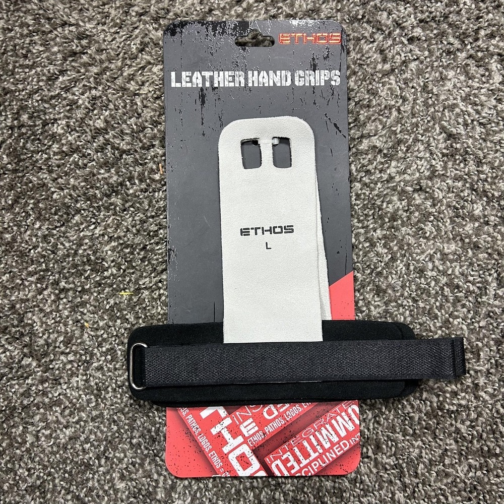 Ethos Leather Hand Grips Large Gray Weight Lifting Gym Wrist‎ Wrap Pair Training